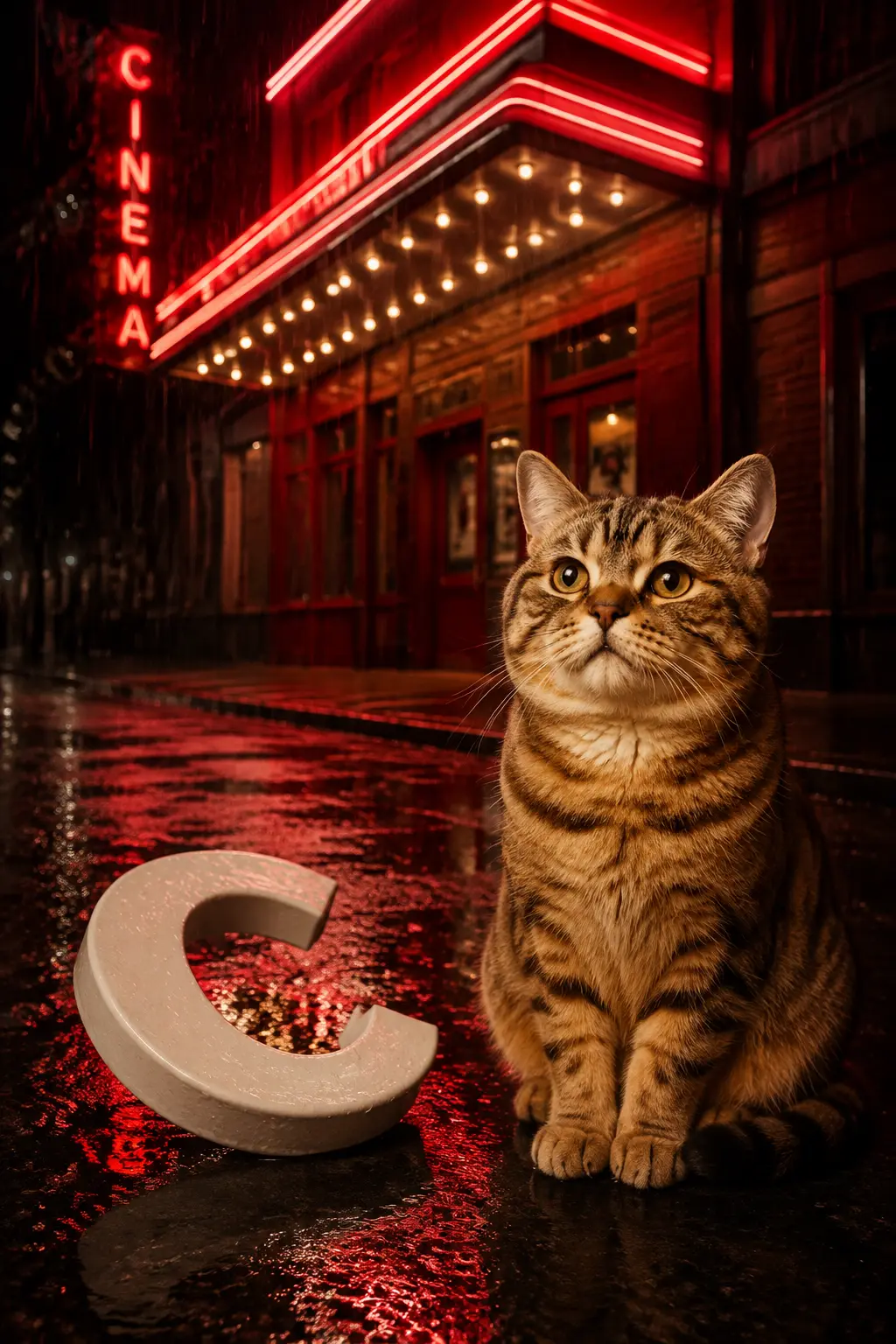Cate outside a rainy red cinema with a fallen white C