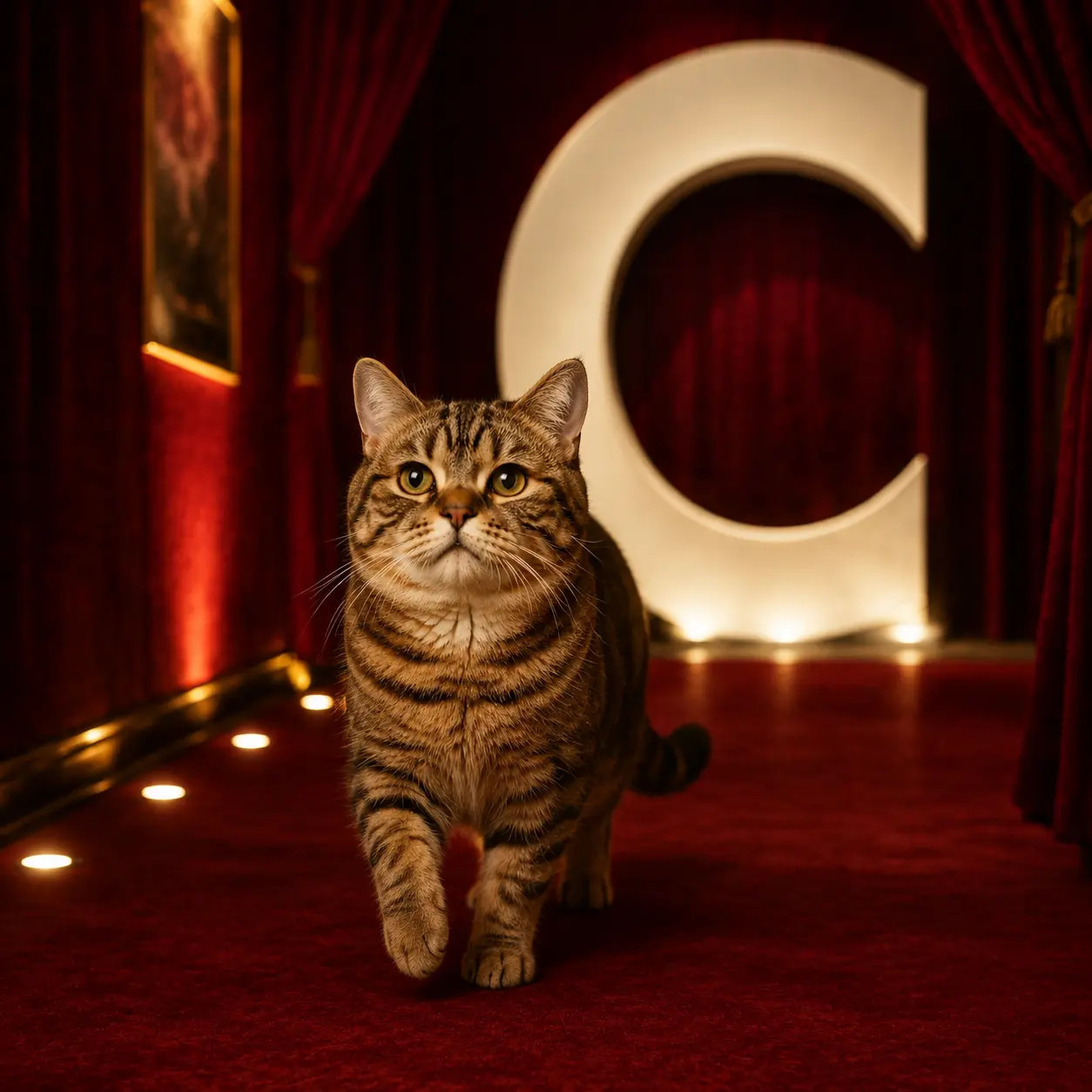 Cate approaching a giant white C in a velvet corridor