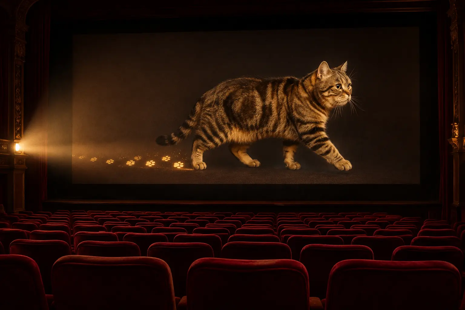 Cate walking across a cinema screen leaving glowing pawprints