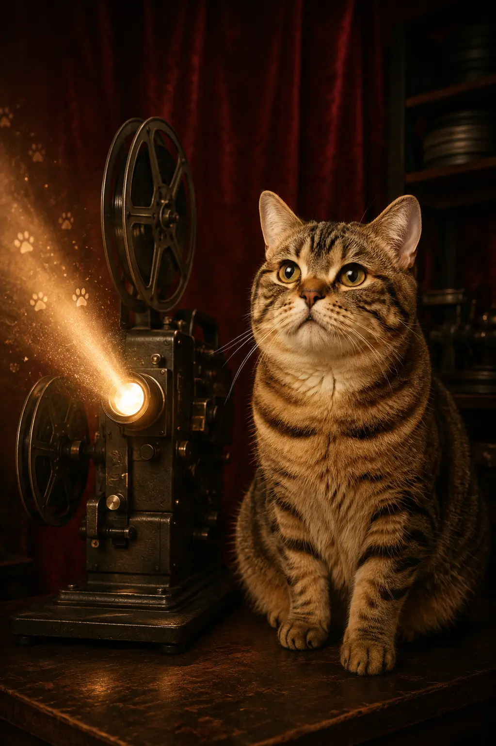 Cate operating an old projector casting golden pawprints