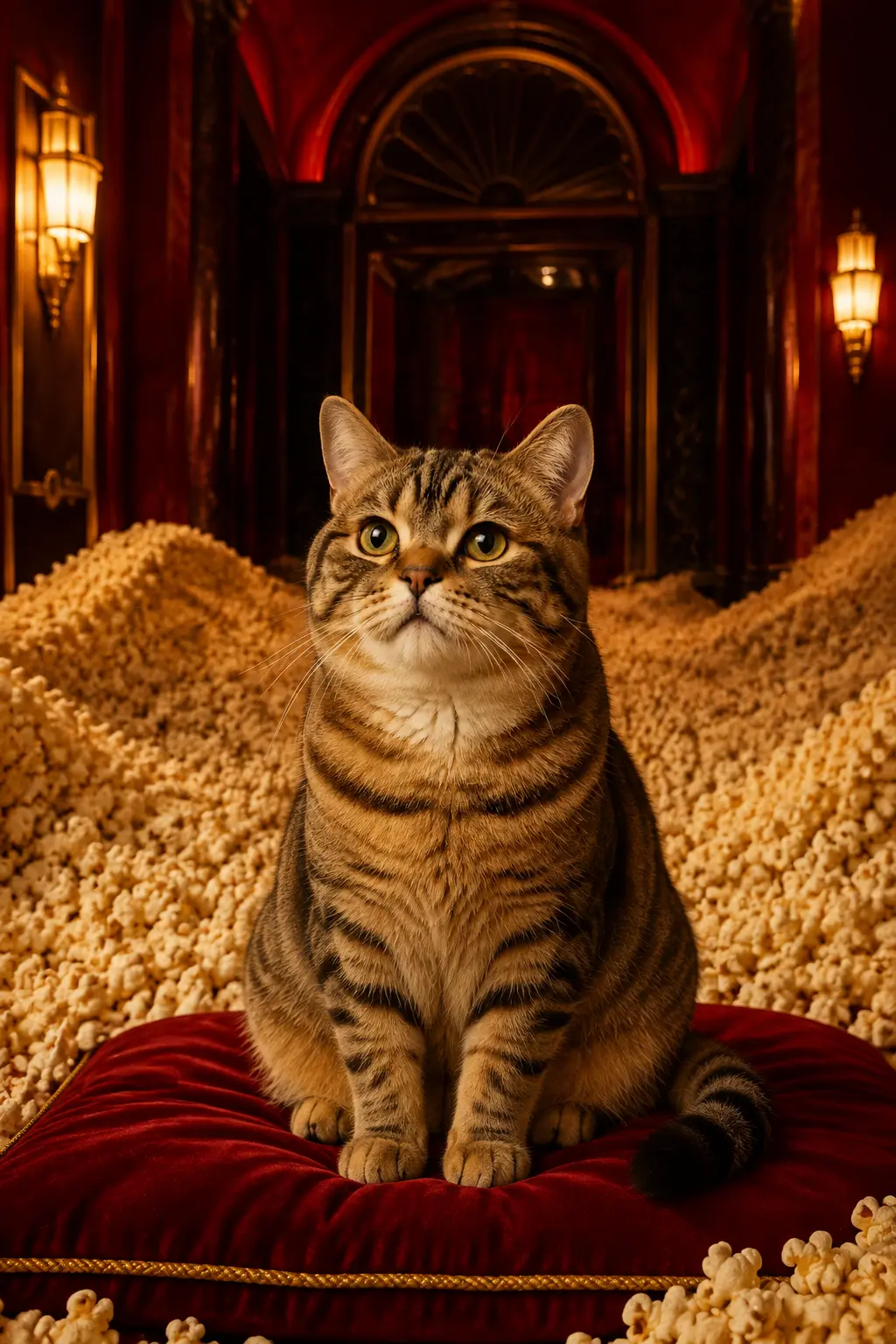 Cate riding a velvet cushion through a sea of popcorn