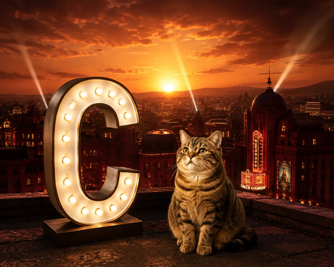 Cate beside a monumental glowing C above a cinematic city