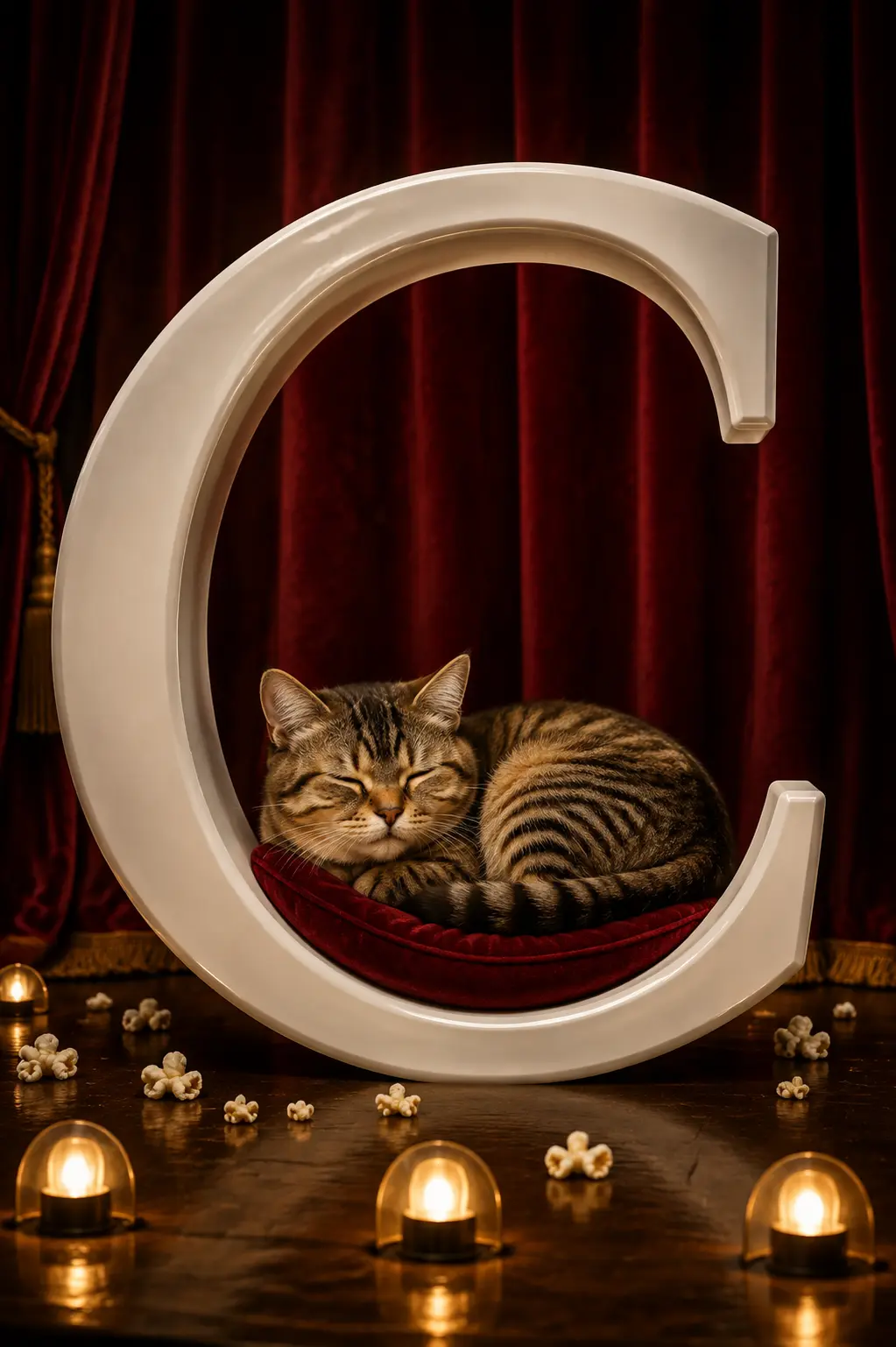 Cate sleeping inside the curve of a glowing C