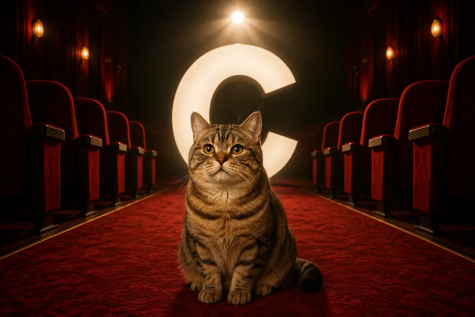 Cate in a grand red cinema beside a glowing letter C
